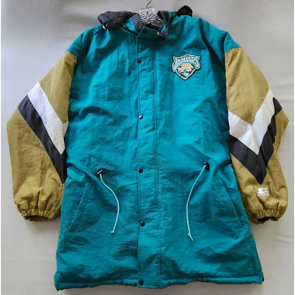 Vintage 90s Starter Jaguars NFL Parka Jacket XL Teal Puffer Banned Logo Hooded